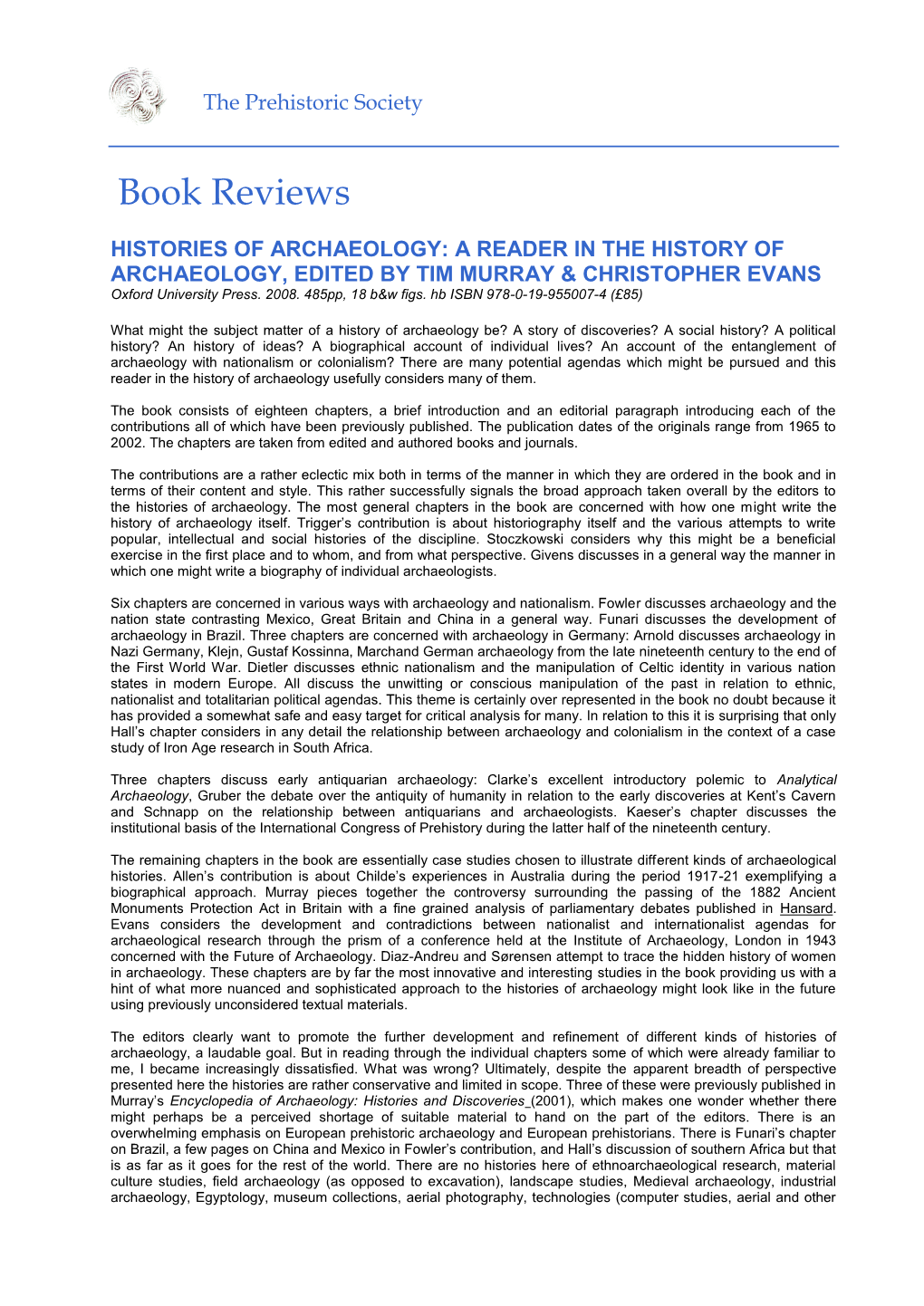 HISTORIES of ARCHAEOLOGY: a READER in the HISTORY of ARCHAEOLOGY, EDITED by TIM MURRAY & CHRISTOPHER EVANS Oxford University Press