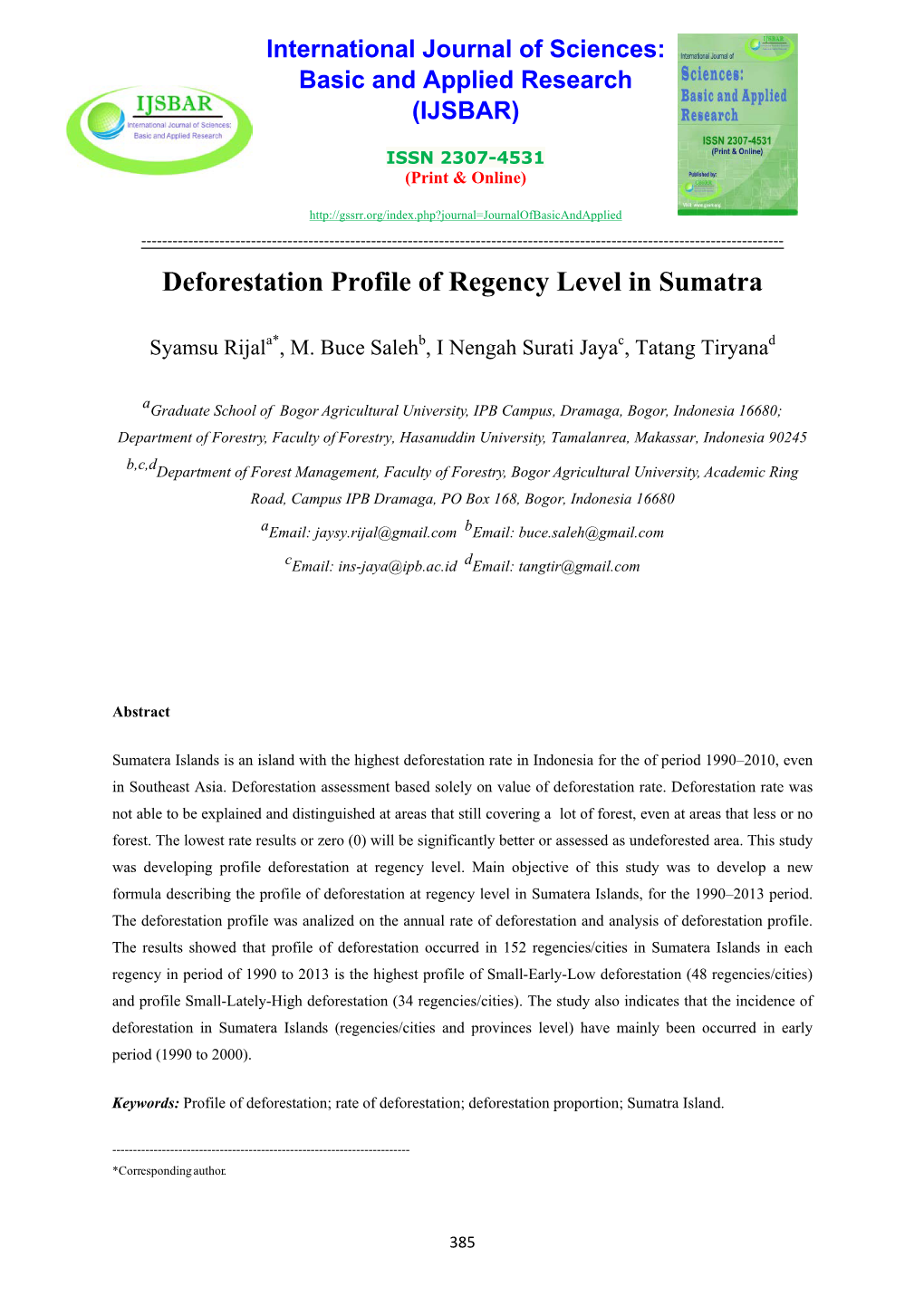 Deforestation Profile of Regency Level in Sumatra