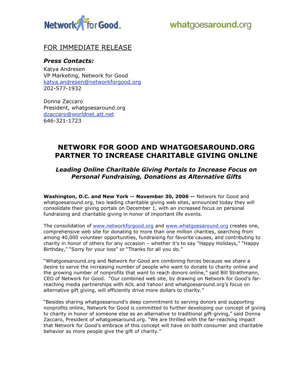 For Immediate Release Network for Good And