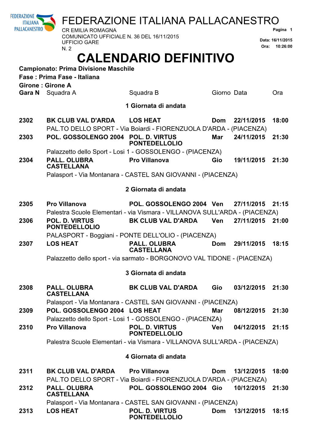 CALENDARIO DEFINITIVO Campionato: Prima Divisione Maschile Fase : Prima Fase - Italiana Girone : Girone a Gara N Squadra a Squadra B Giorno Data Ora