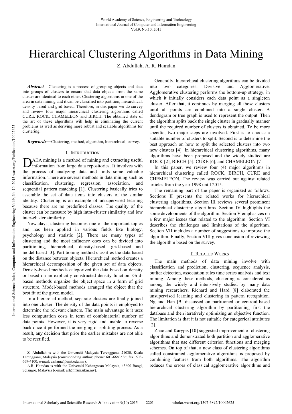 Hierarchical Clustering Algorithms in Data Mining Z