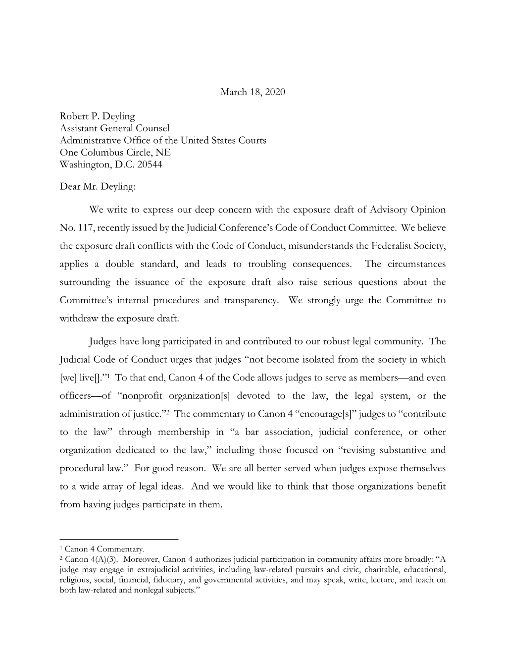 March 18, 2020 Robert P. Deyling Assistant General Counsel Administrative Office of the United States Courts One Columbus Circle