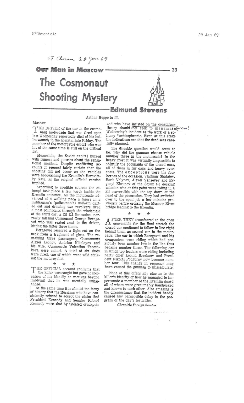 The Cosmonaut Shooting Mystery Edmund Stevens Arthur Hoppe Is Ill