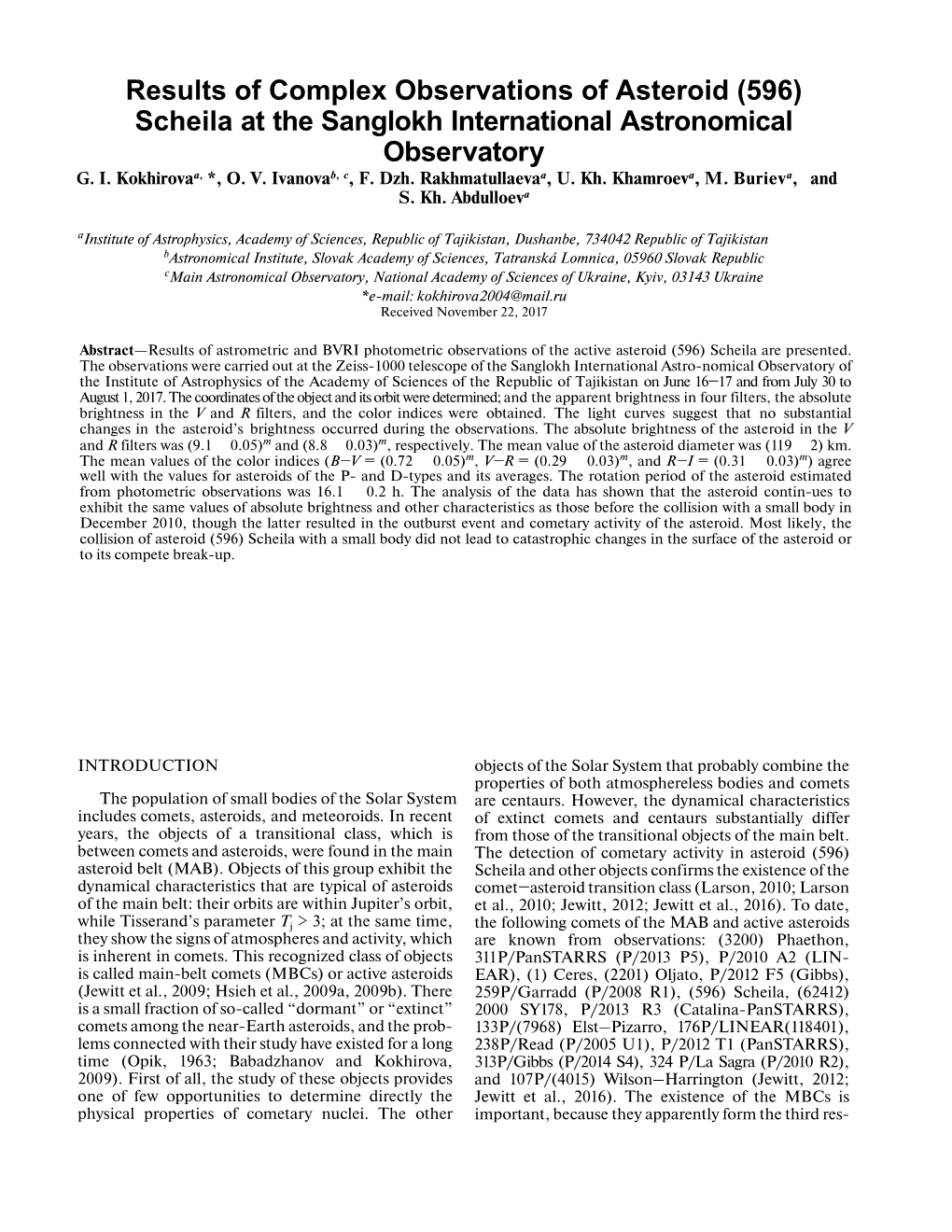 (596) Scheila at the Sanglokh International Astronomical Observatory G