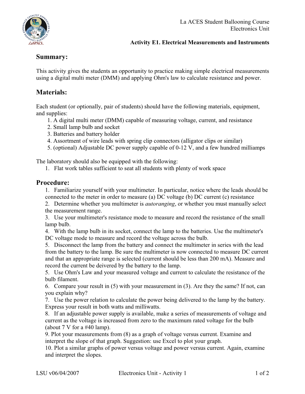 Activity E1. Electrical Measurements and Instruments
