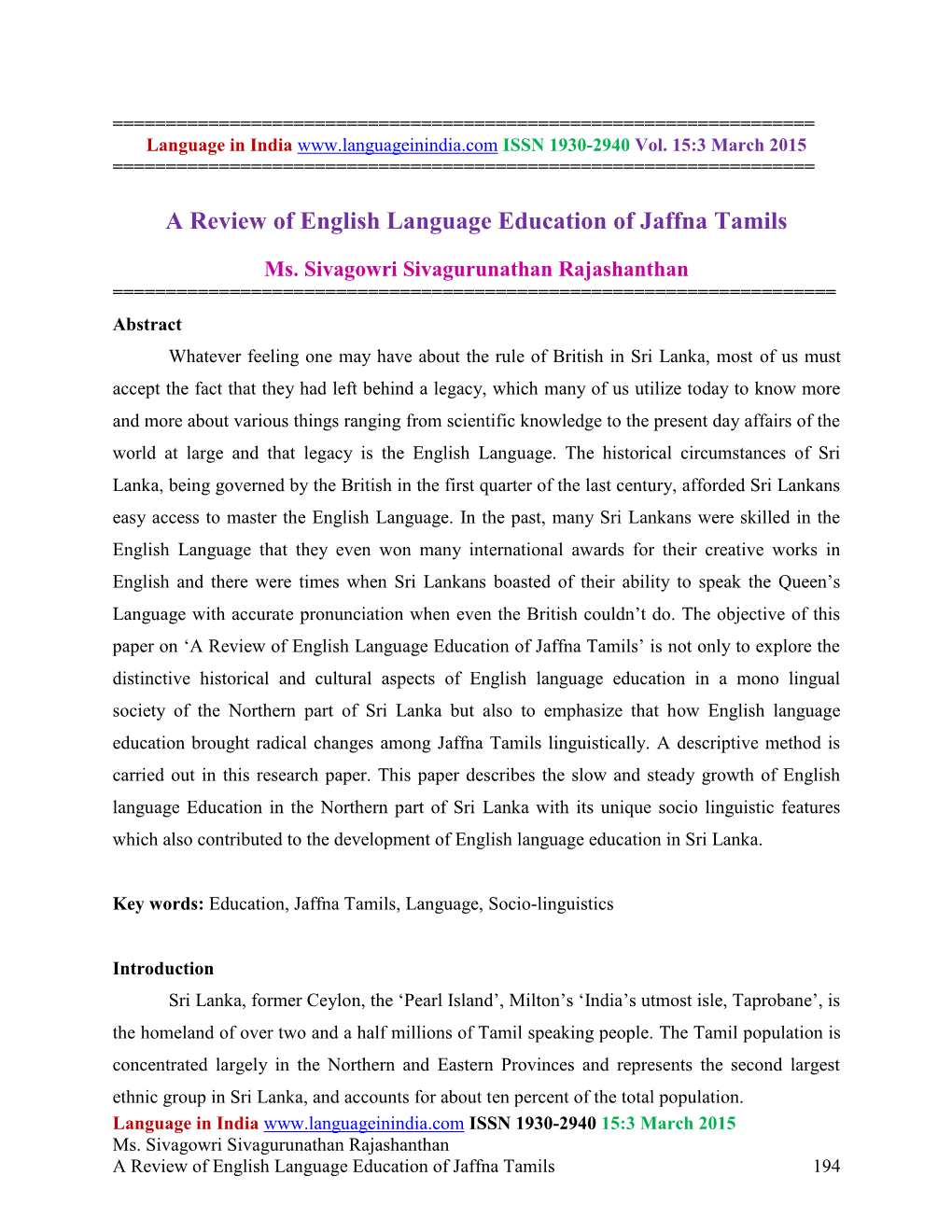 A Review of English Language Education of Jaffna Tamils