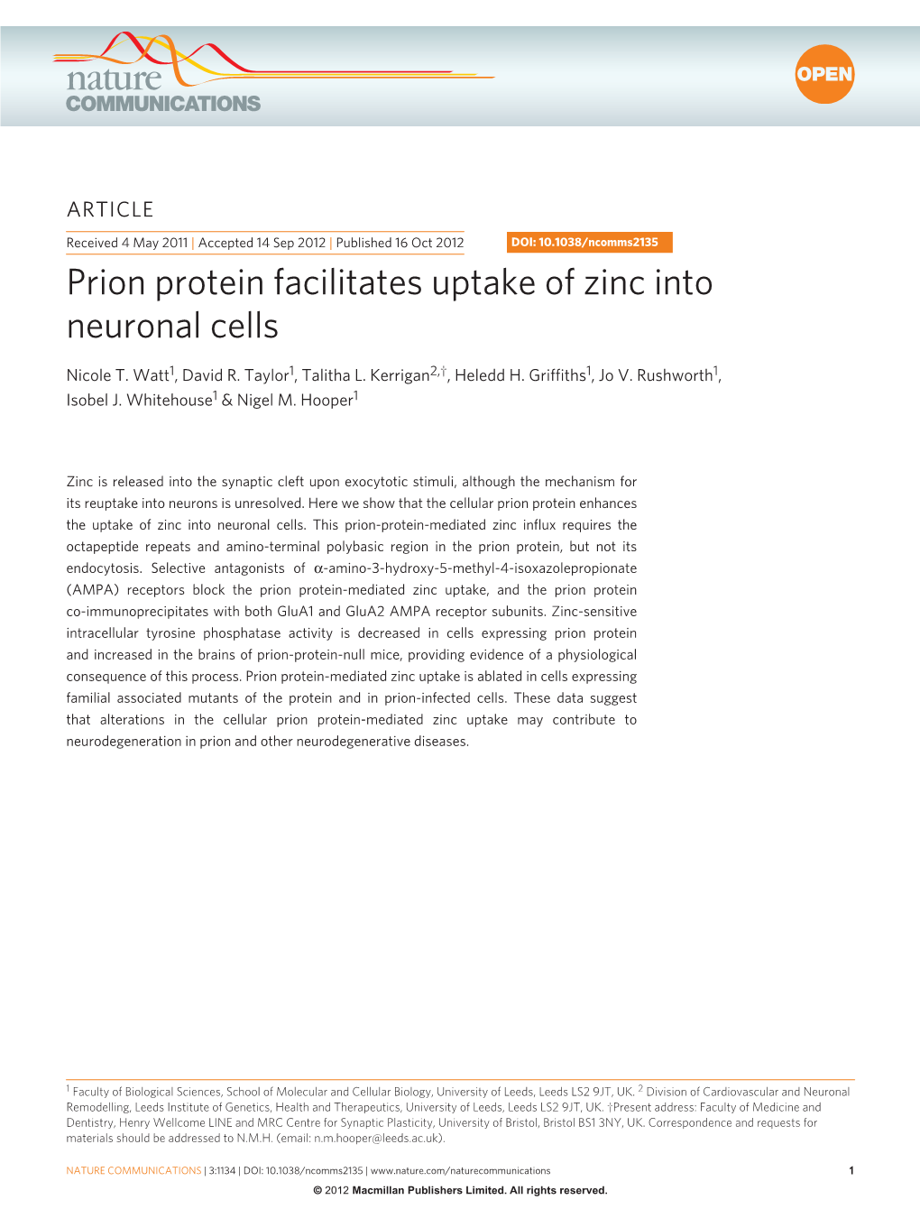 Prion Protein Facilitates Uptake of Zinc Into Neuronal Cells