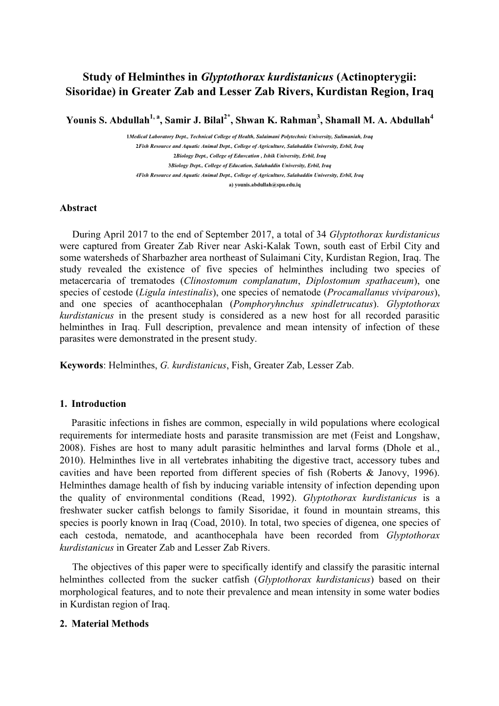 Study of Helminthes in Glyptothorax Kurdistanicus (Actinopterygii: Sisoridae) in Greater Zab and Lesser Zab Rivers, Kurdistan Region, Iraq