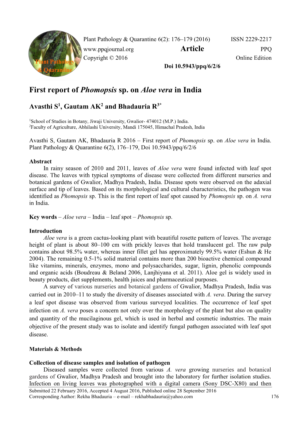 First Report of Phomopsis Sp. on Aloe Vera in India