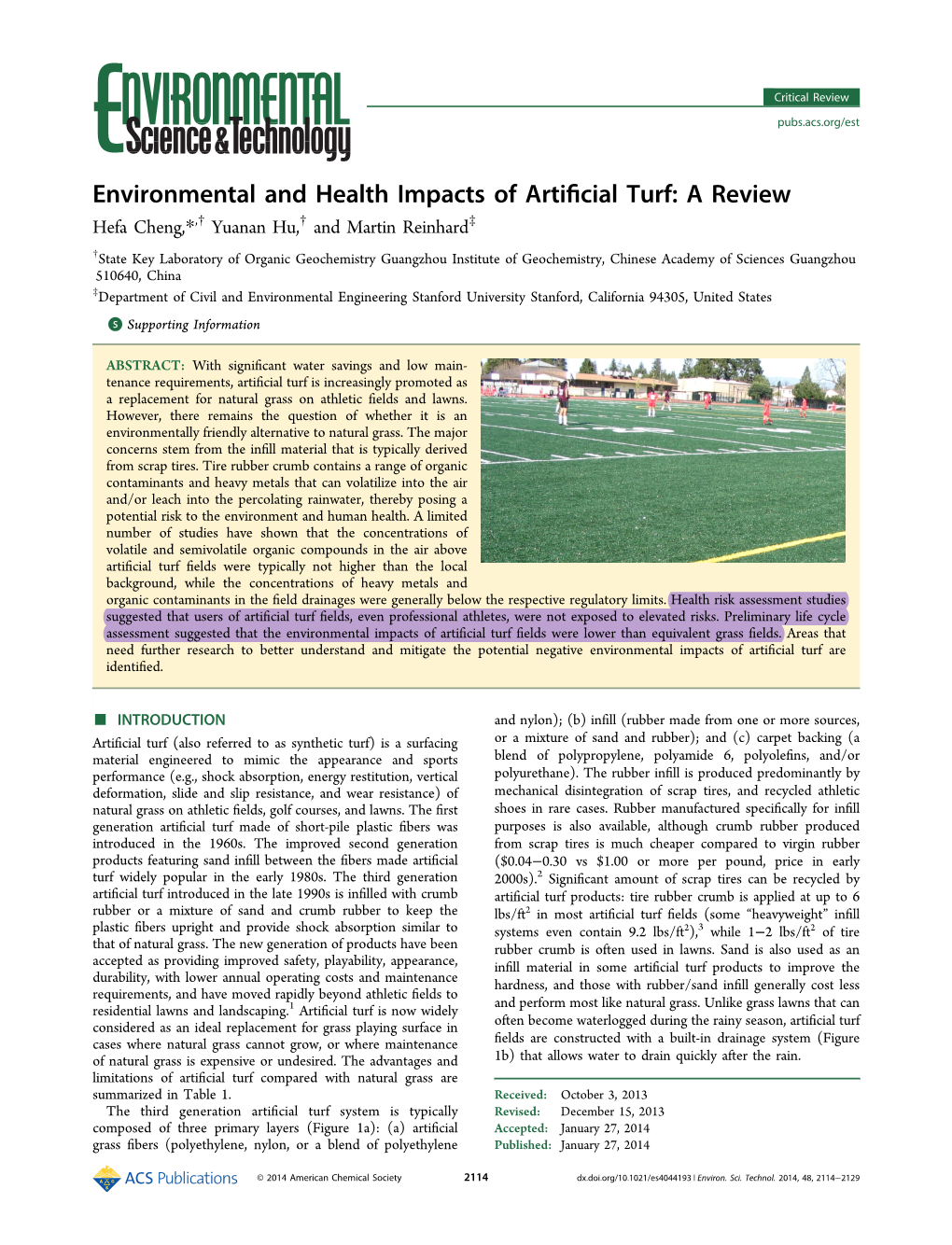 Environmental and Health Impacts of Artificial Turf: a Review