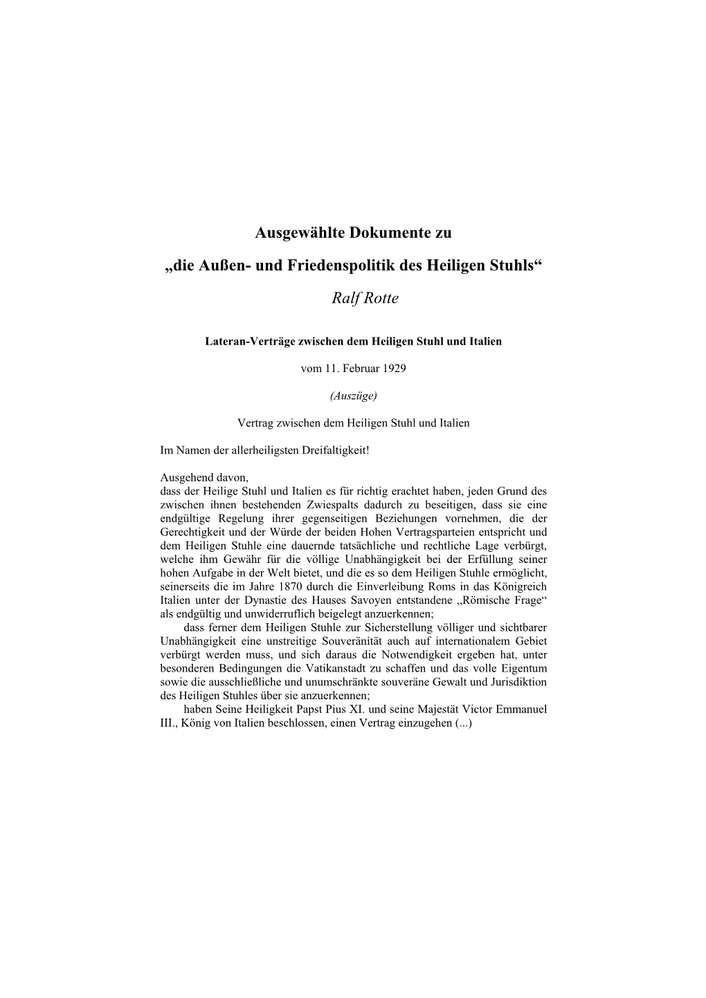 „Die Außen- Und Friedenspolitik Des Heiligen Stuhls“ Ralf Rotte