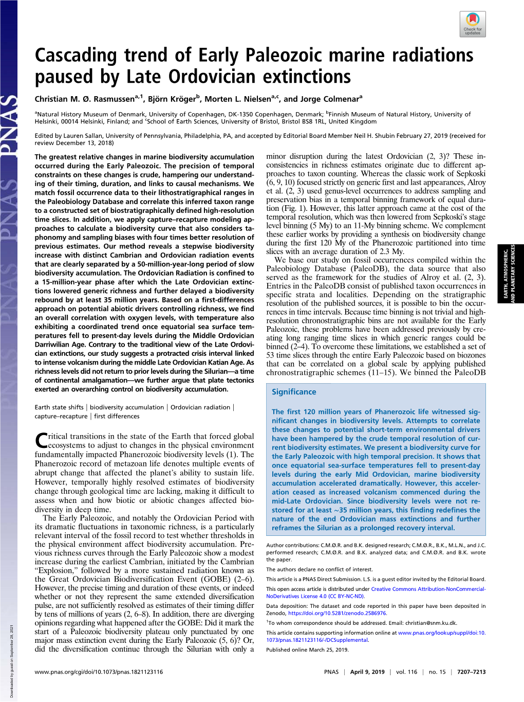 Cascading Trend of Early Paleozoic Marine Radiations Paused by Late Ordovician Extinctions