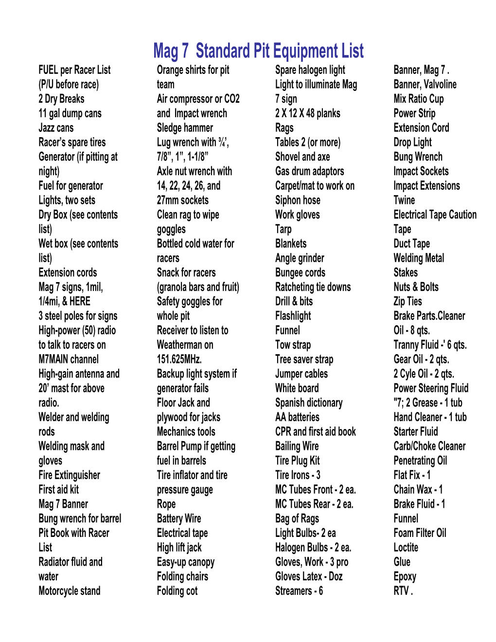Mag 7 Standard Pit Equipment List FUEL Per Racer List Orange Shirts for Pit Spare Halogen Light Banner, Mag 7