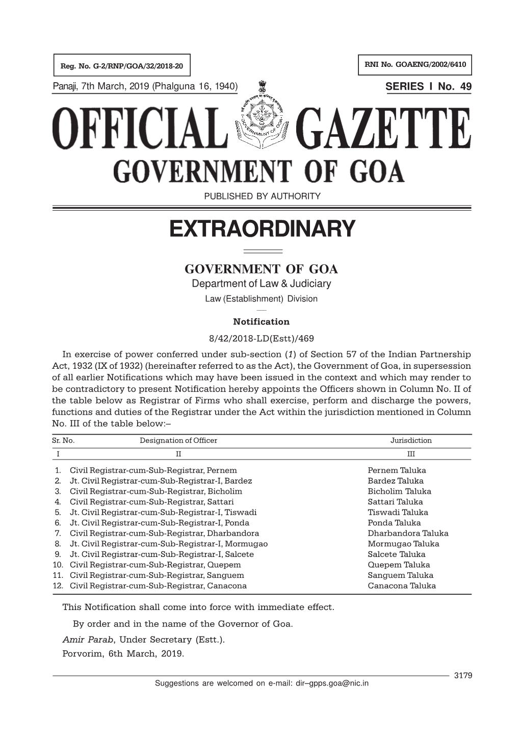 GOVERNMENT of GOA Department of Law & Judiciary Law (Establishment) Division