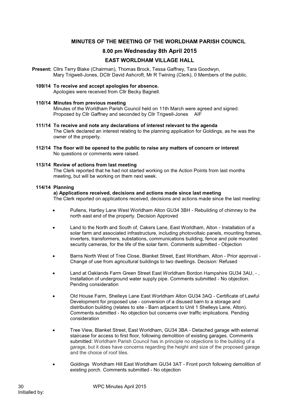 Minutes of the Meeting of the Worldham Parish Council