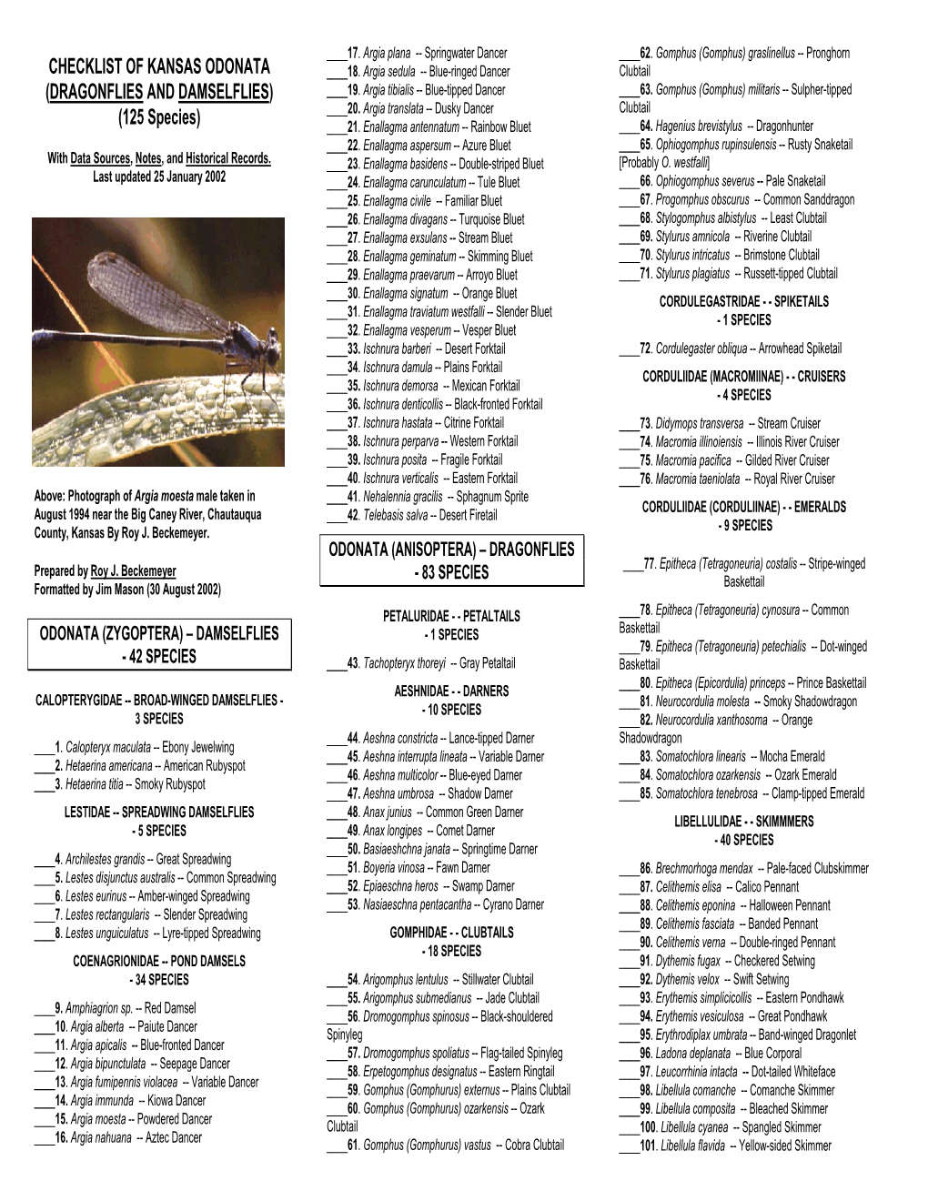 Checklist of Kansas Odonata (Dragonflies And