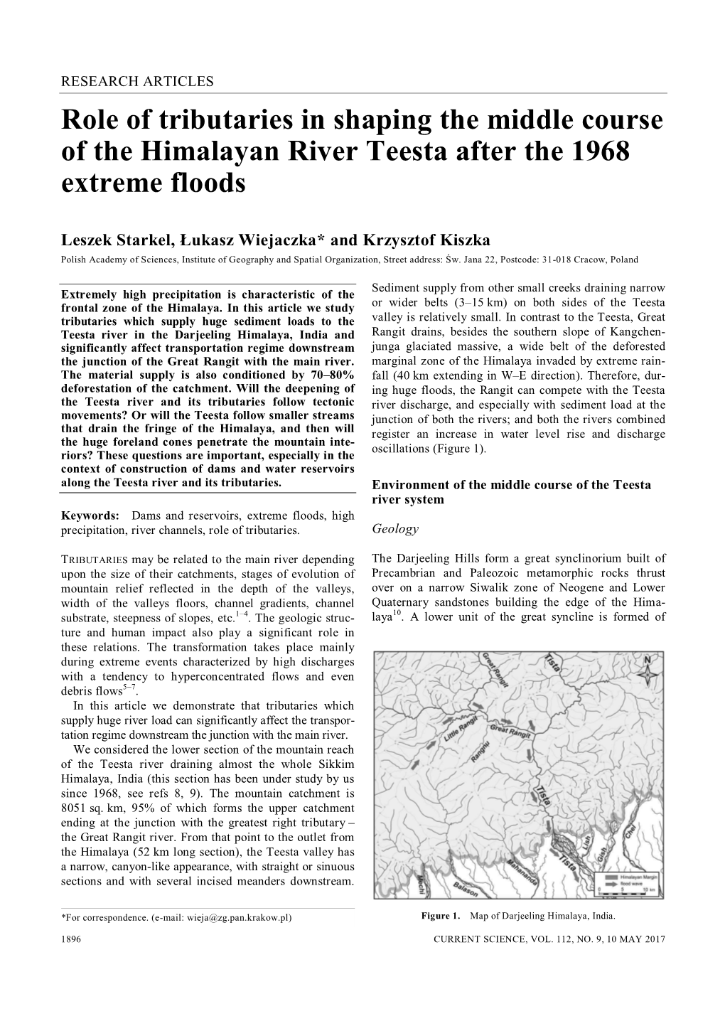 Role of Tributaries in Shaping the Middle Course of the Himalayan River Teesta After the 1968 Extreme Floods