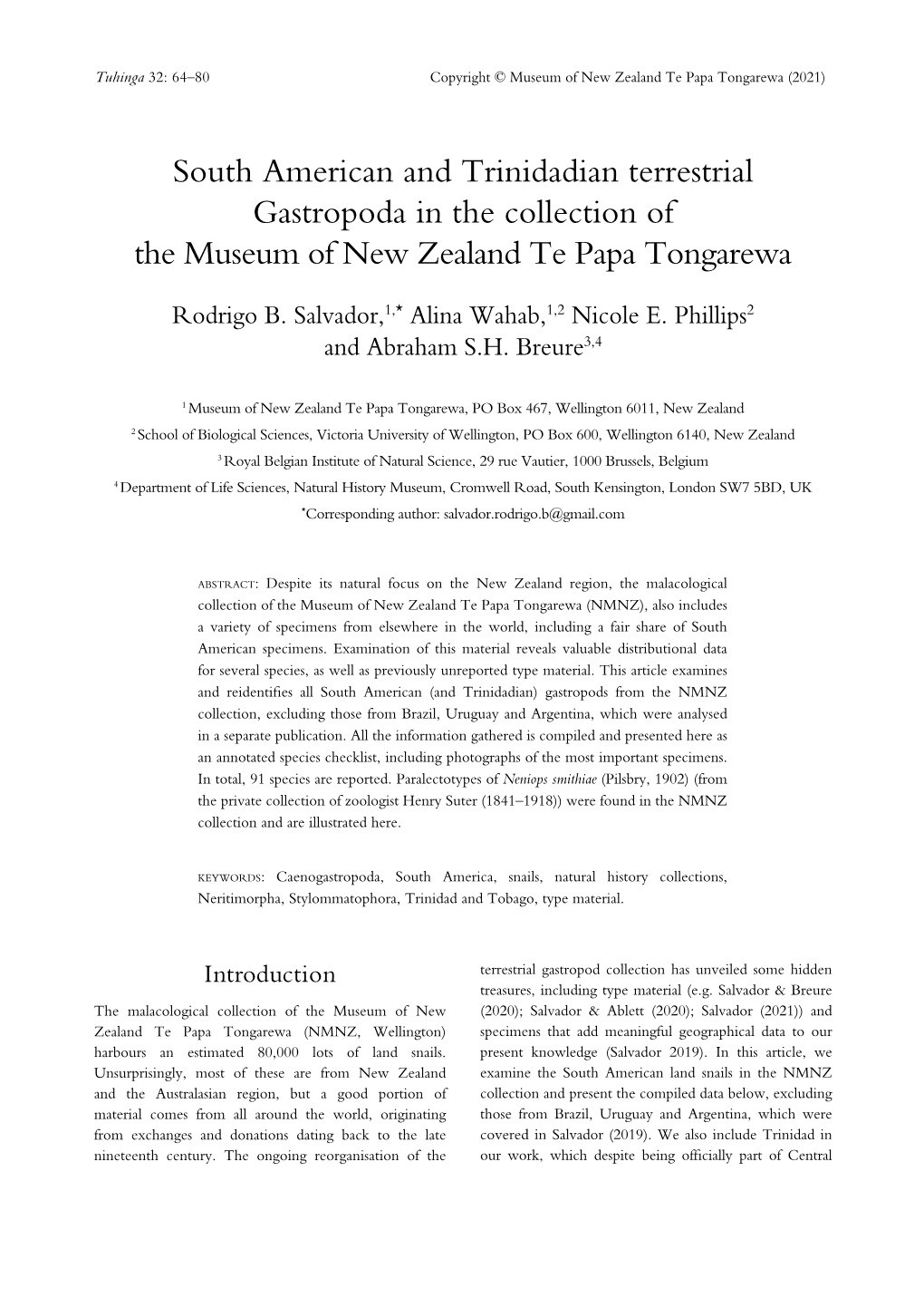 South American and Trinidadian Terrestrial Gastropoda in the Collection of the Museum of New Zealand Te Papa Tongarewa