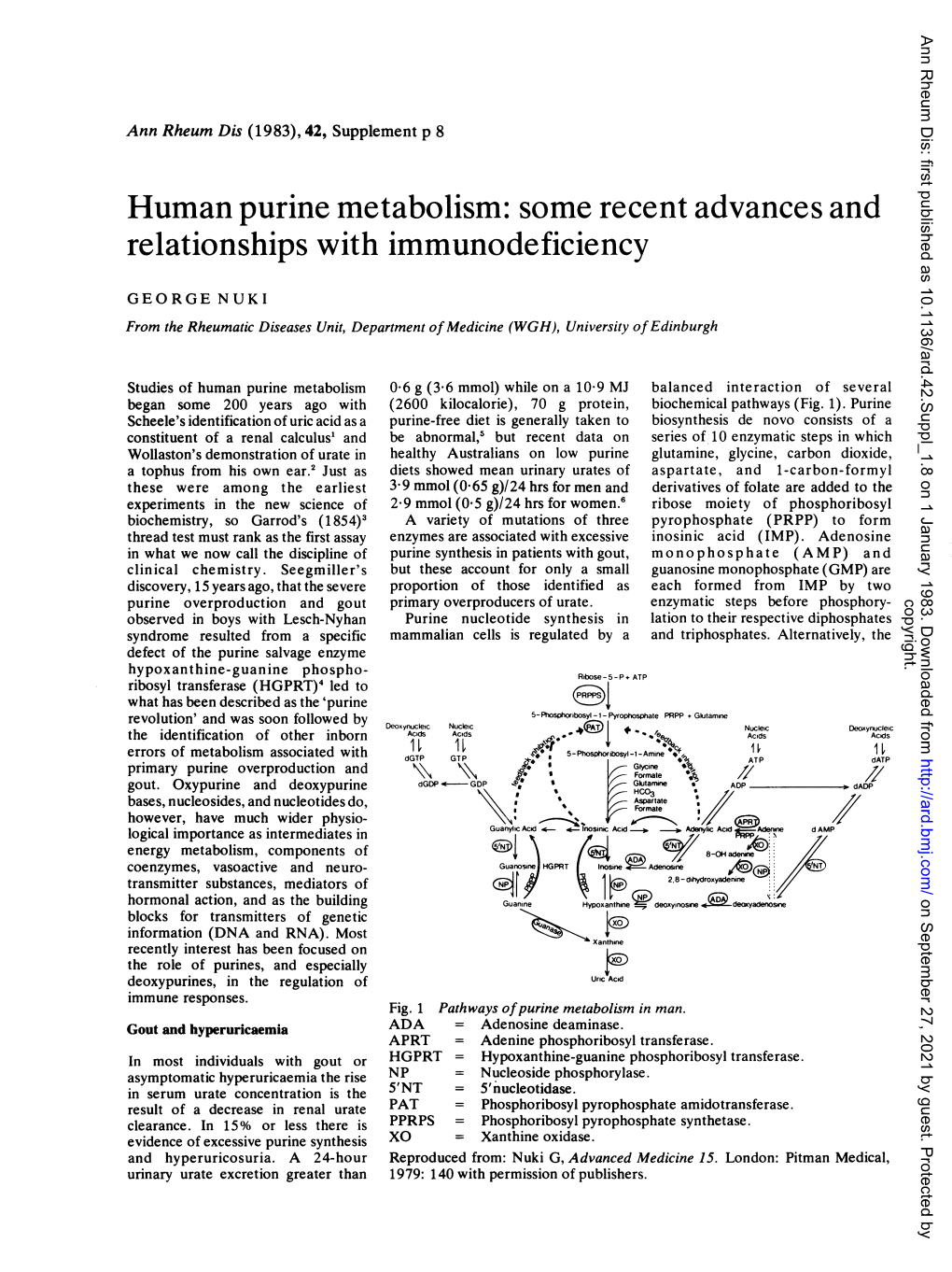 Human Purine Metabolism: Some Recent Advances and Relationships with Immunodeficiency