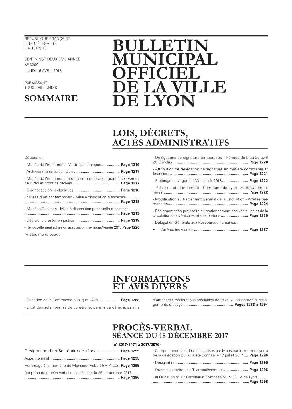 BULLETIN MUNICIPAL OFFICIEL DE LA VILLE DE LYON 16 Avril 2018