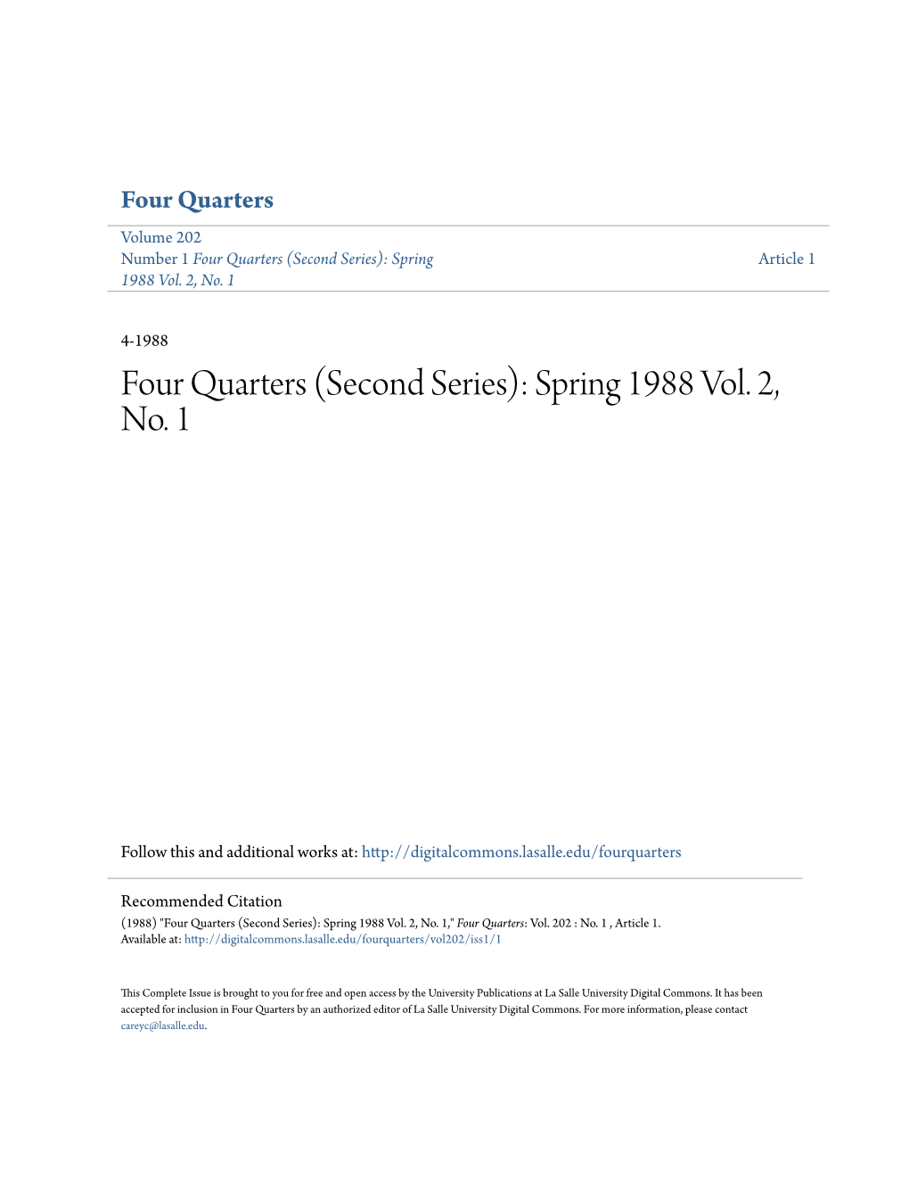 Four Quarters Volume 202 Number 1 Four Quarters (Second Series): Spring Article 1 1988 Vol