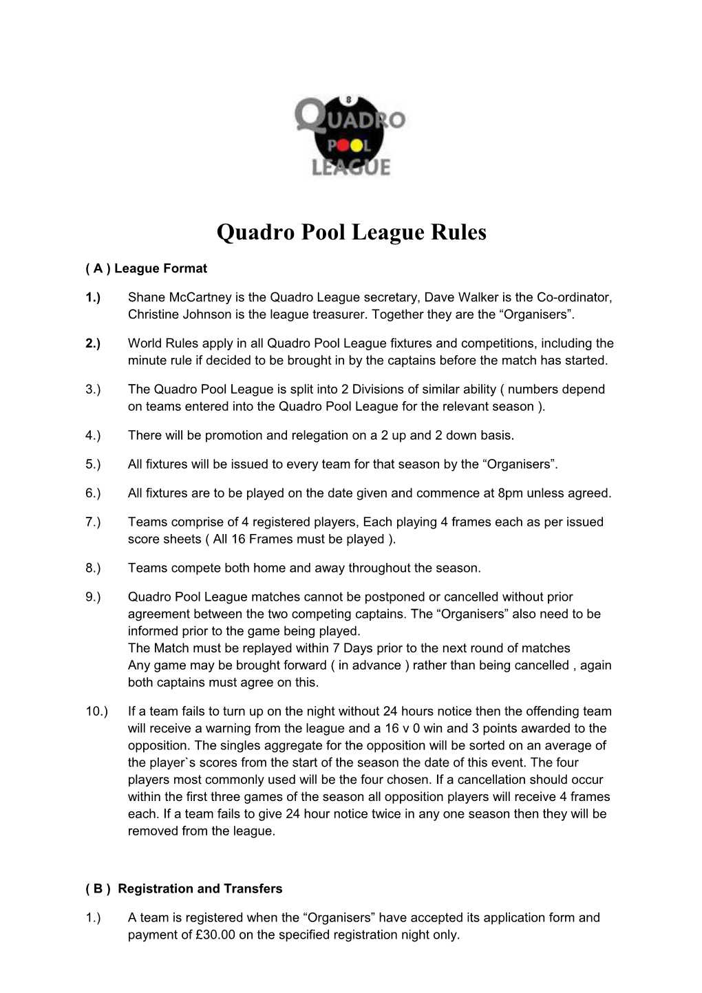 Quadro Pool League Rules