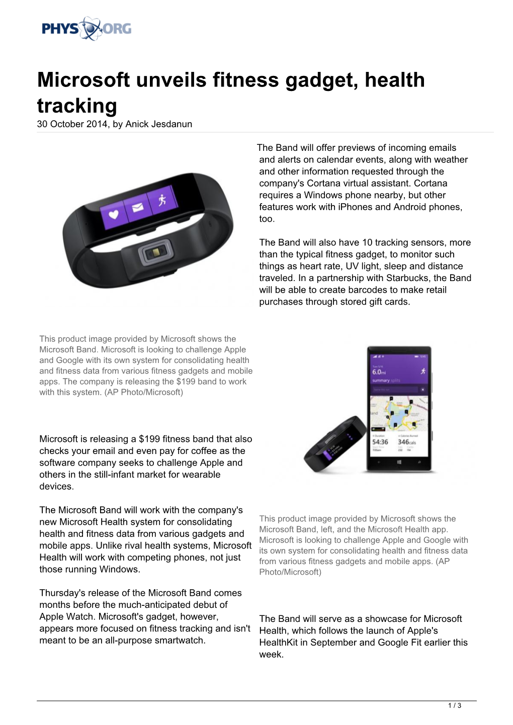 Microsoft Unveils Fitness Gadget, Health Tracking 30 October 2014, by Anick Jesdanun