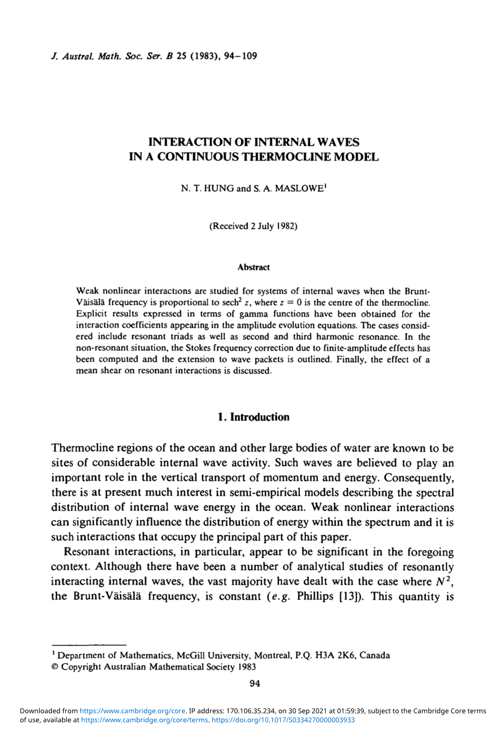 Interaction of Internal Waves in a Continuous Thermocline Model