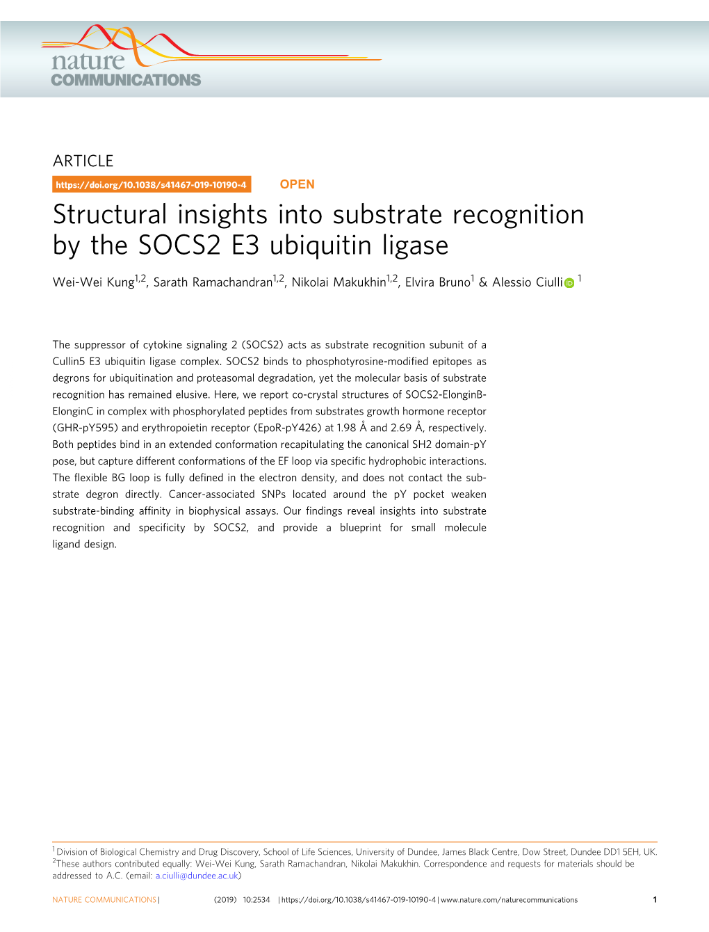 Structural Insights Into Substrate Recognition by the SOCS2 E3 Ubiquitin Ligase