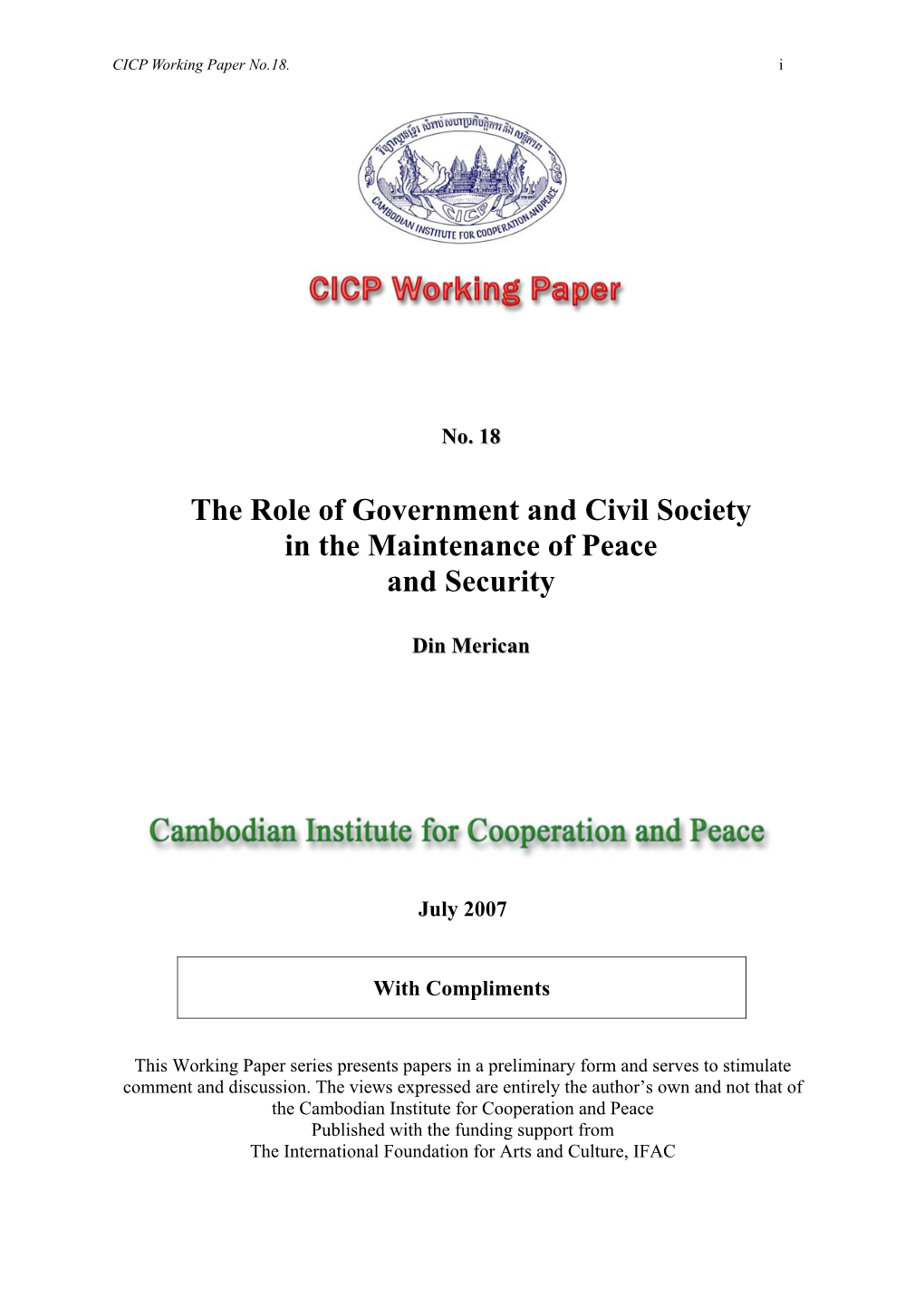 CICP Working Paper No. 18: the Role of Government and Civil Society In