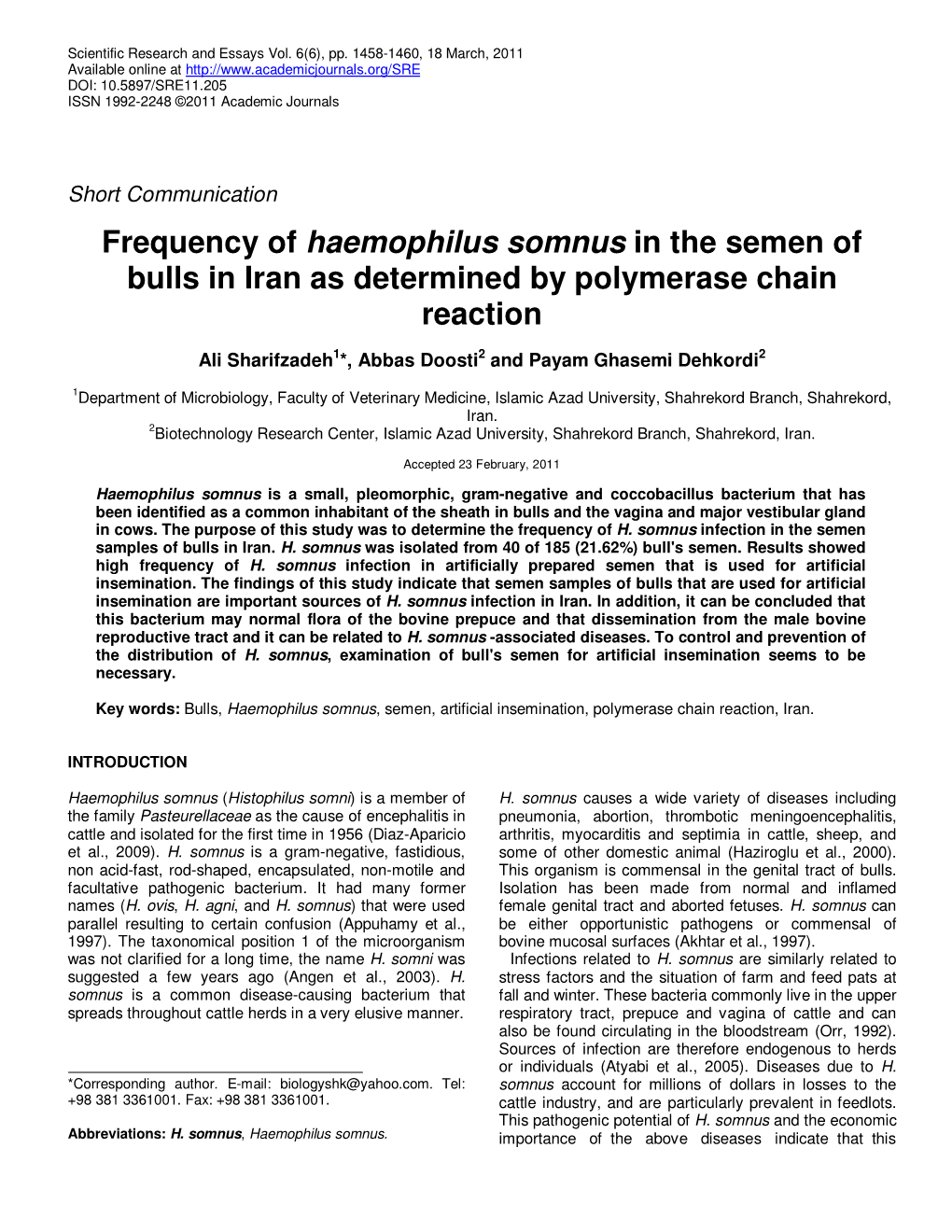 Frequency of Haemophilus Somnus in the Semen of Bulls in Iran As Determined by Polymerase Chain Reaction