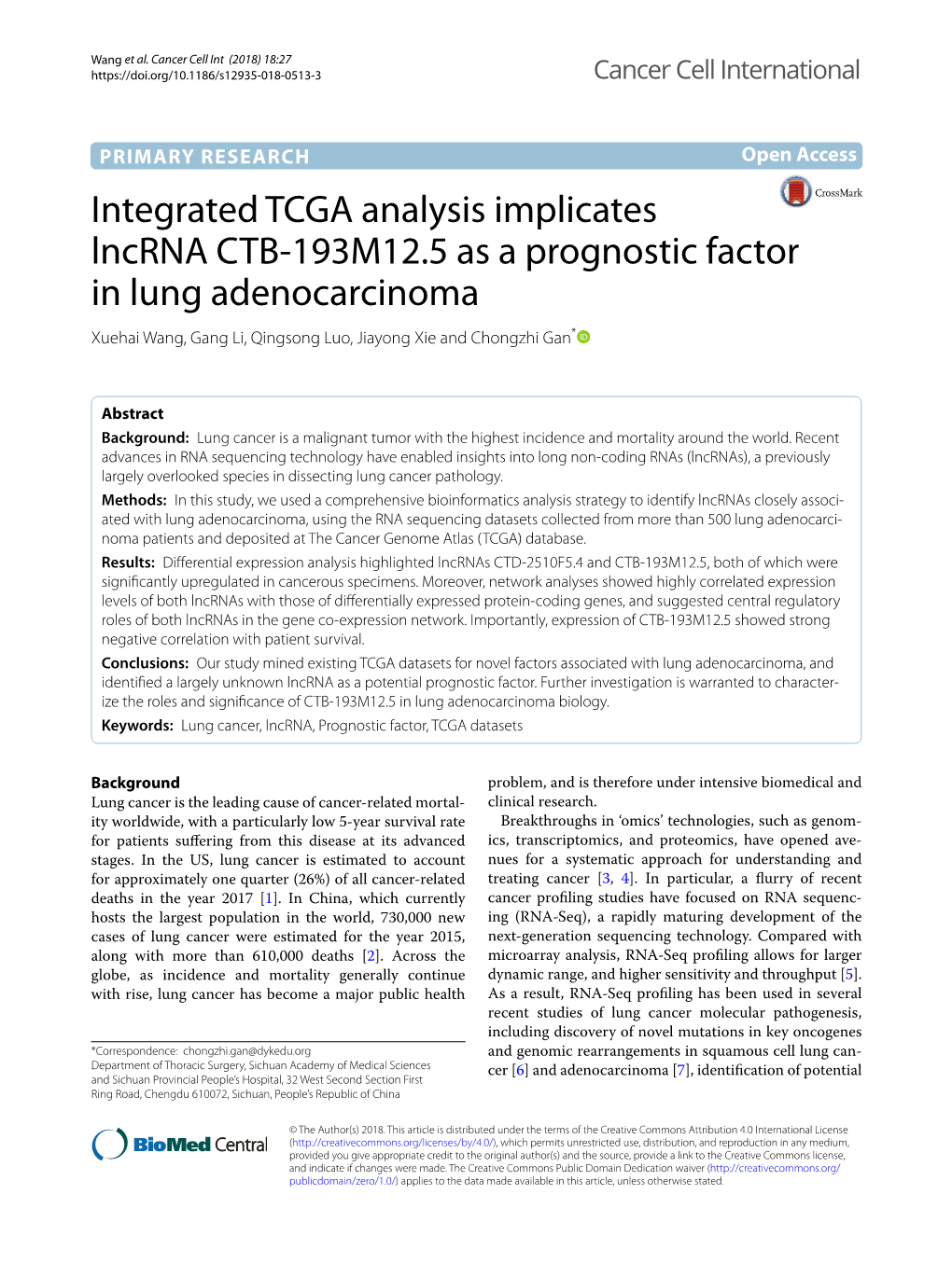 Integrated TCGA Analysis Implicates Lncrna CTB-193M12.5 As A