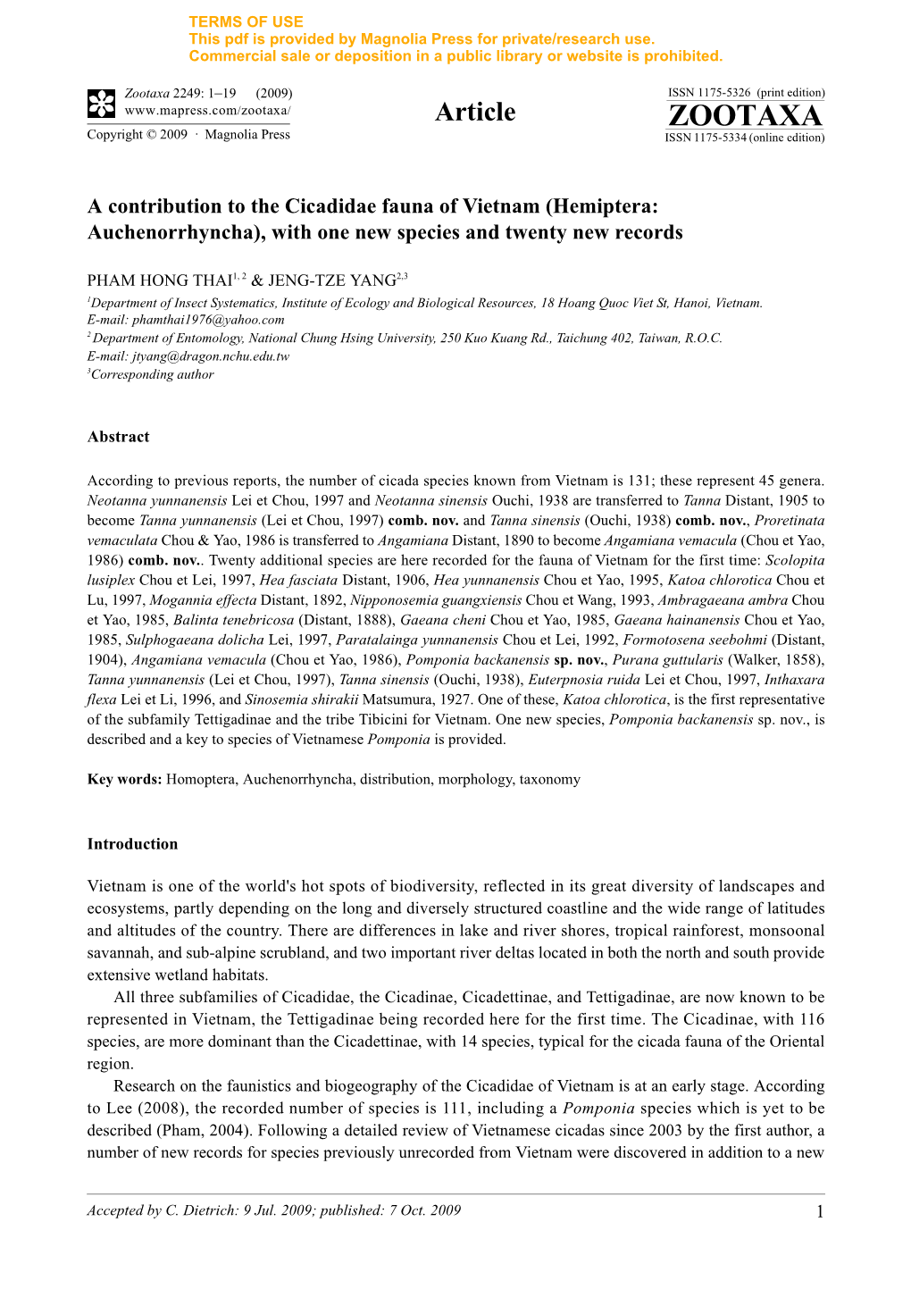 Zootaxa, a Contribution to the Cicadidae Fauna of Vietnam