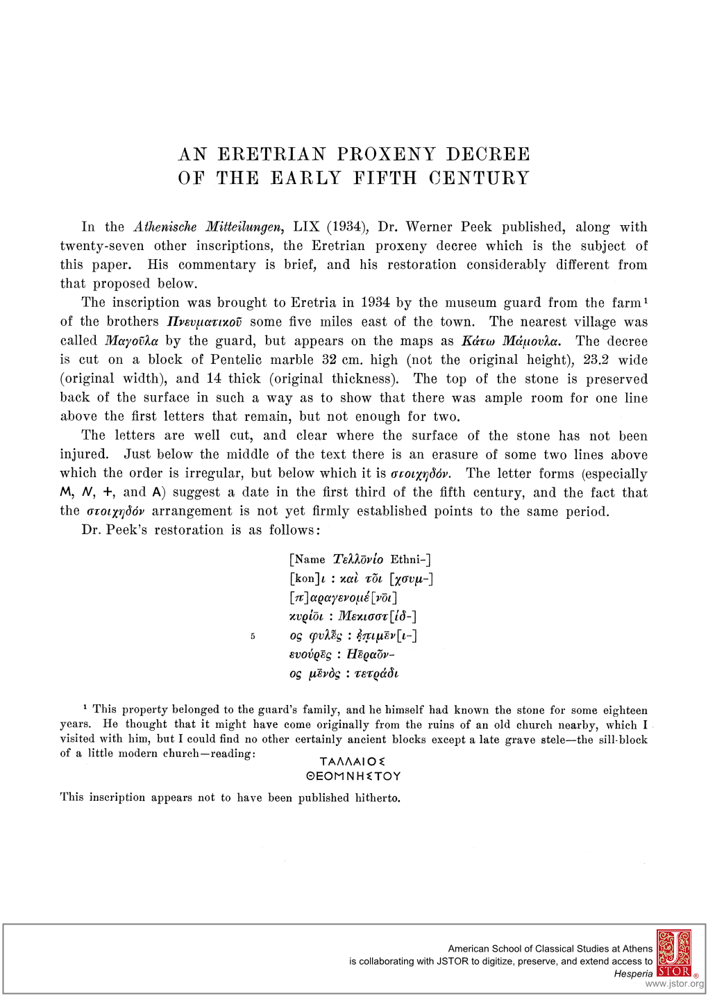 An Eretrian Proxeny Decree of the Early Fifth Century