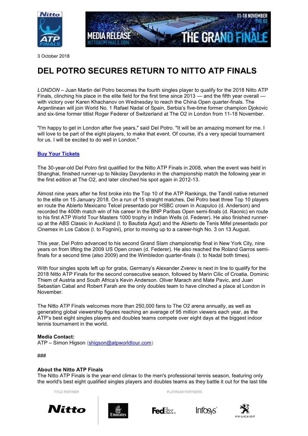 Del Potro Secures Return to Nitto Atp Finals