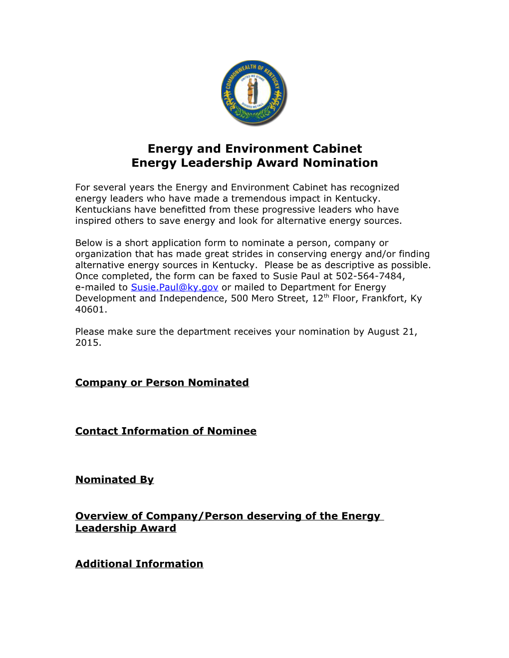 2015 Energy Leadership Award Nomination Form