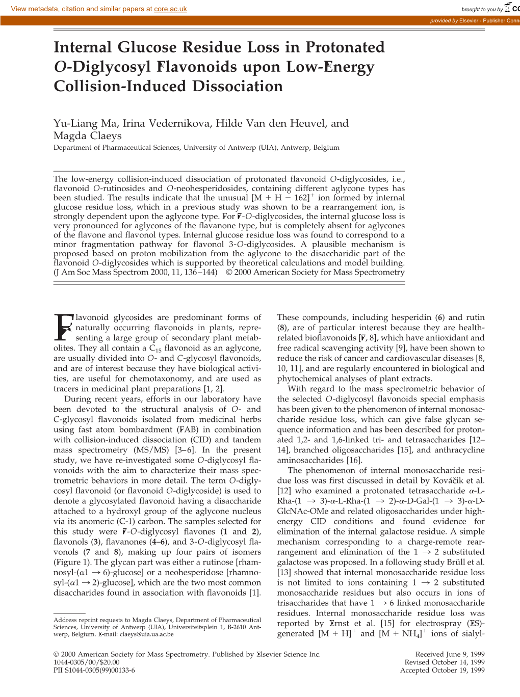 Internal Glucose Residue Loss in Protonated O-Diglycosyl Flavonoids Upon Low-Energy Collision-Induced Dissociation