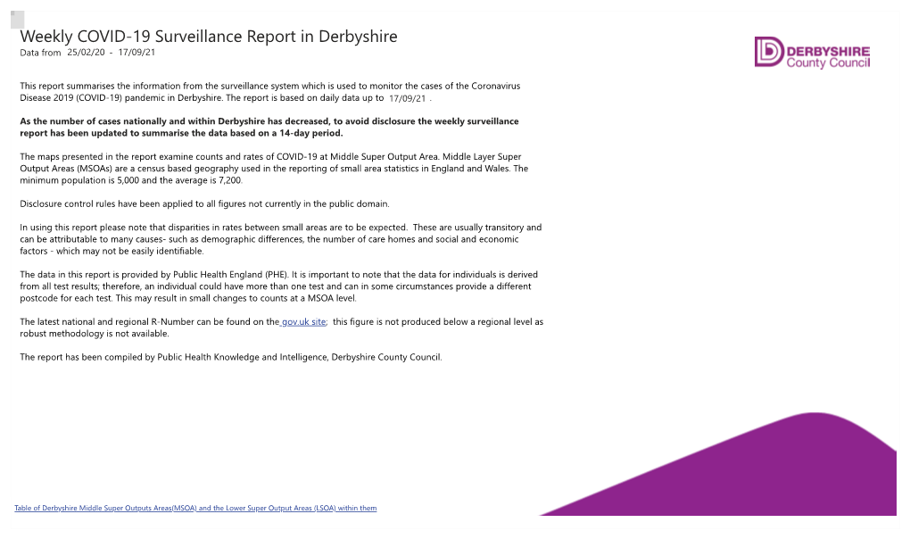 Weekly COVID-19 Surveillance Report in Derbyshire Data from 2 5 / 0 2 / 2 0 - 17/09/21