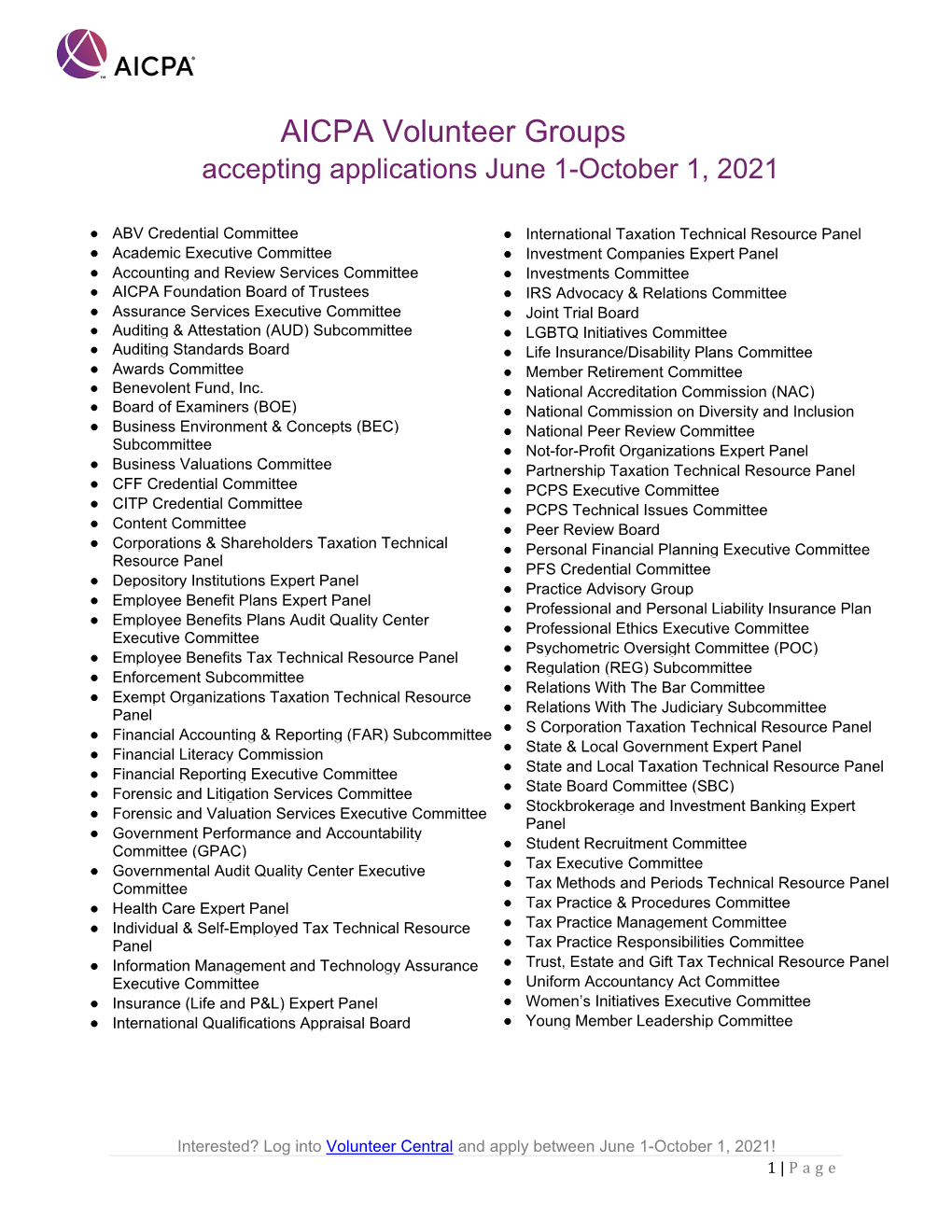 AICPA Volunteer Groups Accepting Applications June 1-October 1, 2021