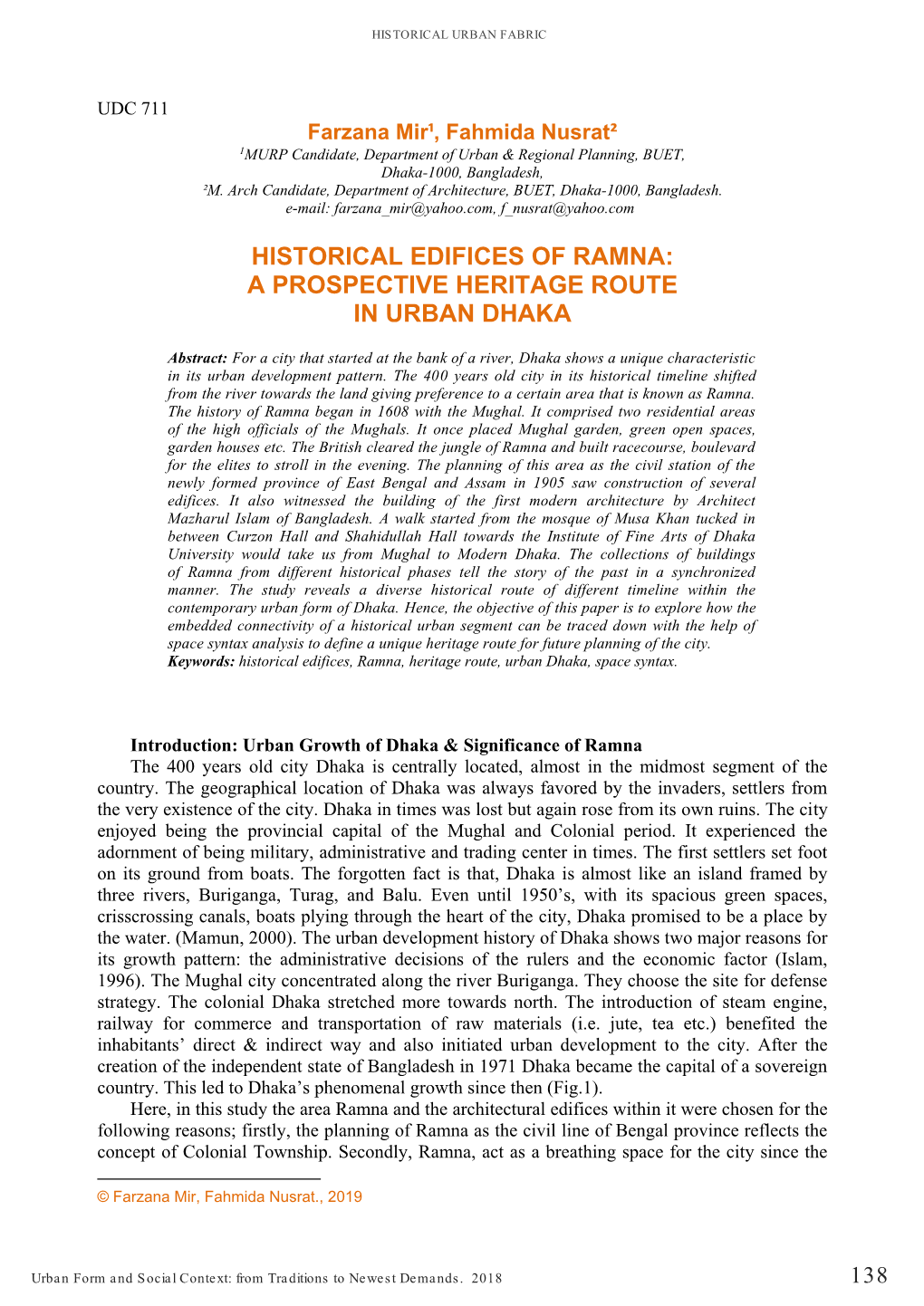 Historical Edifices of Ramna: a Prospective Heritage Route in Urban Dhaka