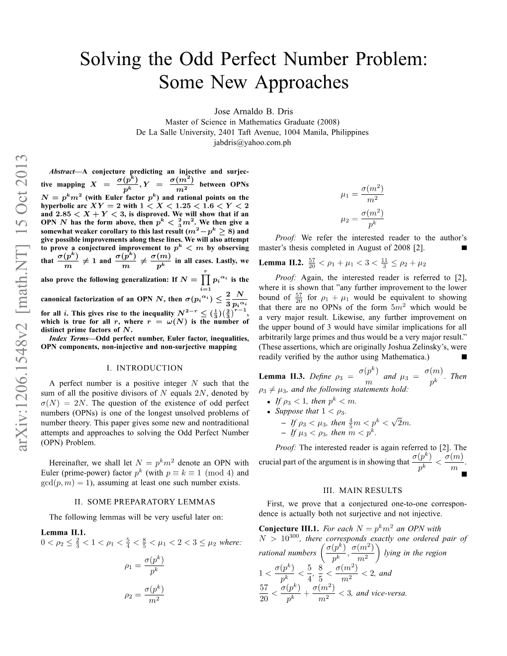 Solving the Odd Perfect Number Problem: Some Old and I I Αi ≤ 3 Pi New Approaches”, M