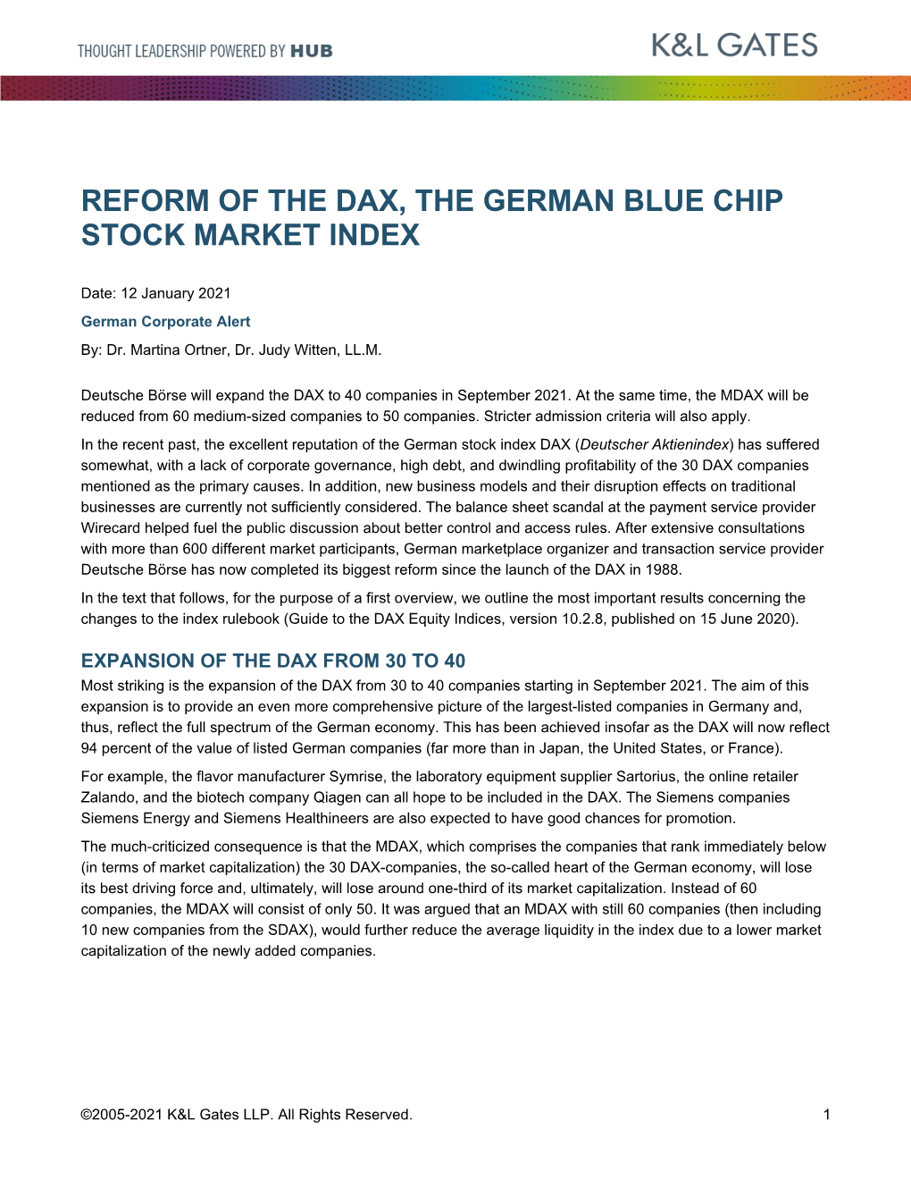 Reform of the Dax, the German Blue Chip Stock Market Index