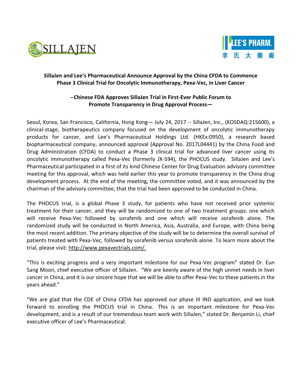 Sillajen and Lee's Pharmaceutical Announce Approval by the China