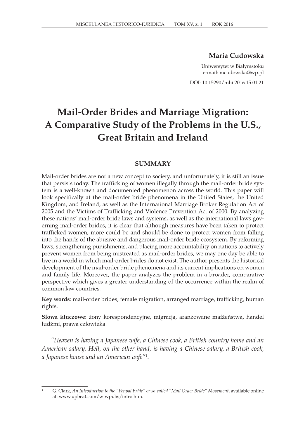 Mail-Order Brides and Marriage Migration: a Comparative Study of the Problems in the U.S., Great Britain and Ireland