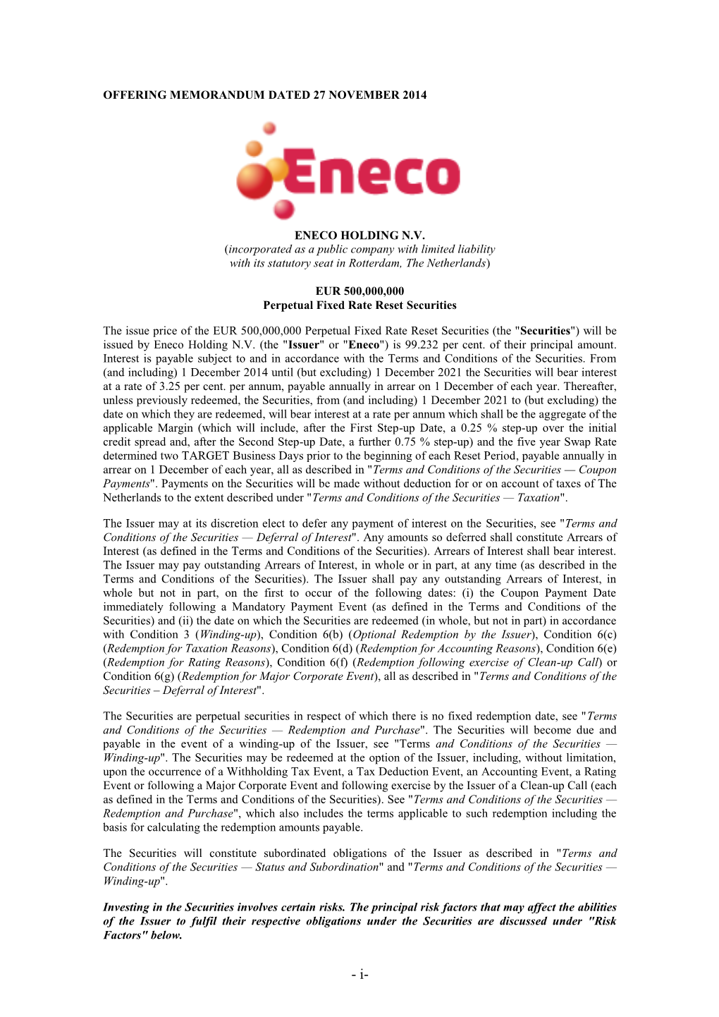 OFFERING MEMORANDUM DATED 27 NOVEMBER 2014 ENECO HOLDING N.V. (Incorporated As a Public Company with Limited Liability With