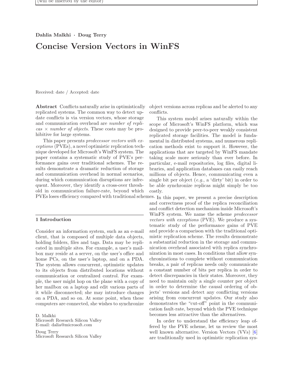 Concise Version Vectors in Winfs