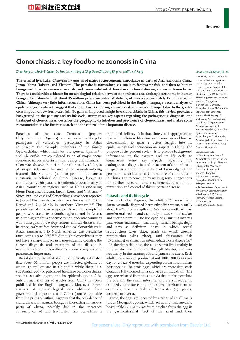 Clonorchiasis: a Key Foodborne Zoonosis in China