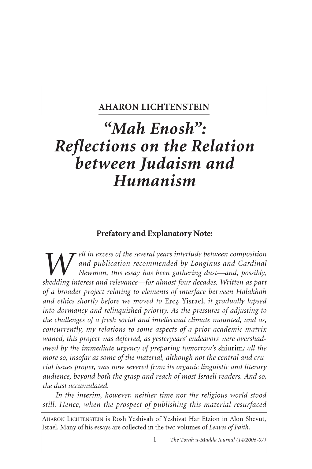 Mah Enosh”: Reflections on the Relation Between Judaism and Humanism
