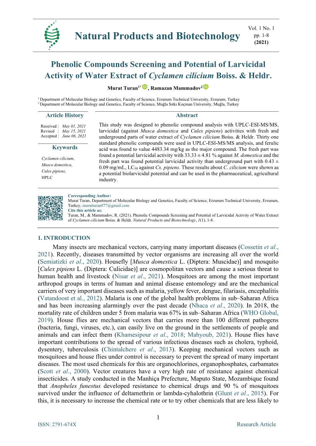 Phenolic Compounds Screening and Potential of Larvicidal Activity of Water Extract of Cyclamen Cilicium Boiss. & Heldr