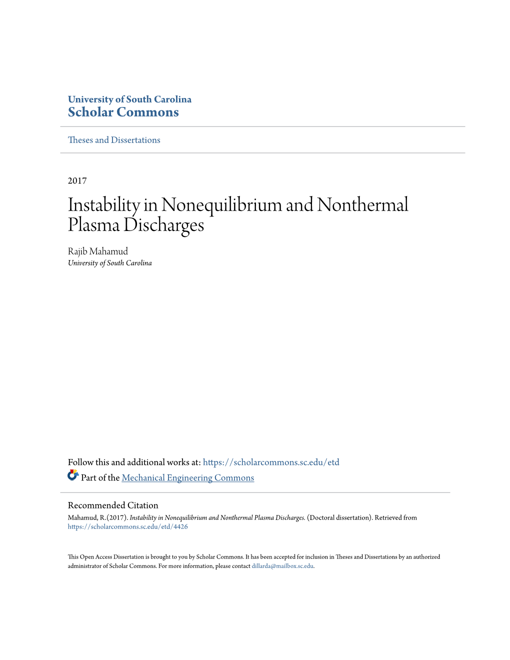 Instability in Nonequilibrium and Nonthermal Plasma Discharges Rajib Mahamud University of South Carolina